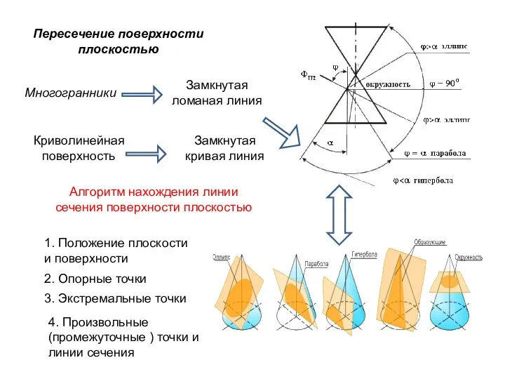 Пересечение поверхности плоскостью Многогранники Замкнутая ломаная линия Криволинейная поверхность Замкнутая кривая