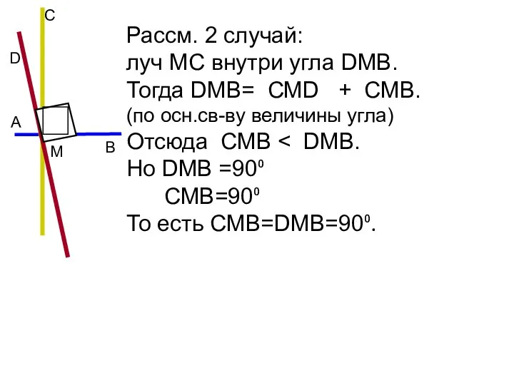 Рассм. 2 случай: луч MС внутри угла DМВ. Тогда DМВ= СМD