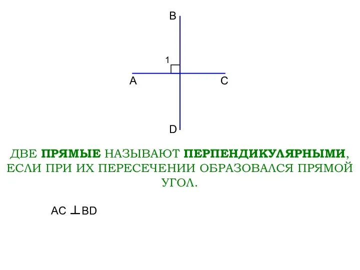 1 ДВЕ ПРЯМЫЕ НАЗЫВАЮТ ПЕРПЕНДИКУЛЯРНЫМИ, ЕСЛИ ПРИ ИХ ПЕРЕСЕЧЕНИИ ОБРАЗОВАЛСЯ ПРЯМОЙ