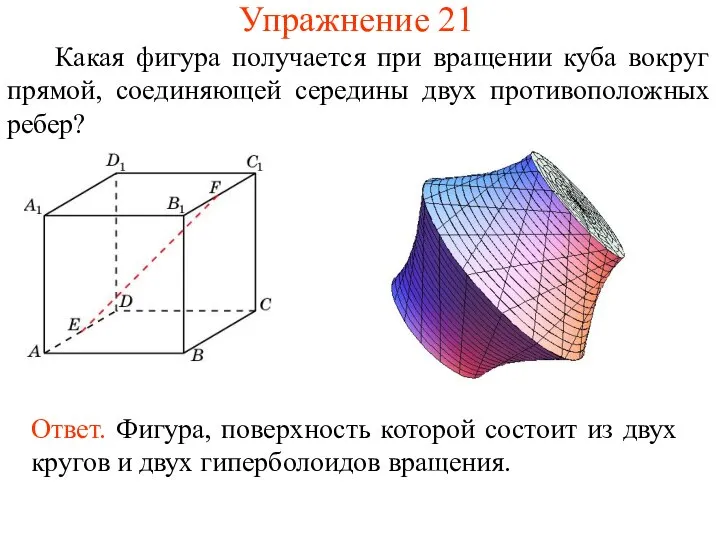 Упражнение 21 Какая фигура получается при вращении куба вокруг прямой, соединяющей середины двух противоположных ребер?