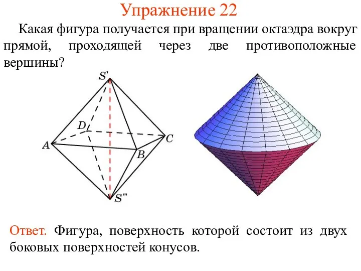 Упражнение 22 Какая фигура получается при вращении октаэдра вокруг прямой, проходящей через две противоположные вершины?