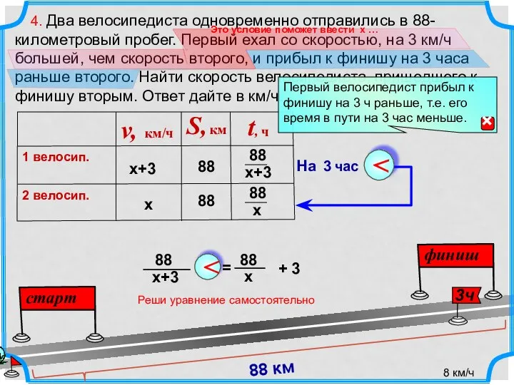 4. Два велосипедиста одновременно отправились в 88-километровый пробег. Первый ехал со