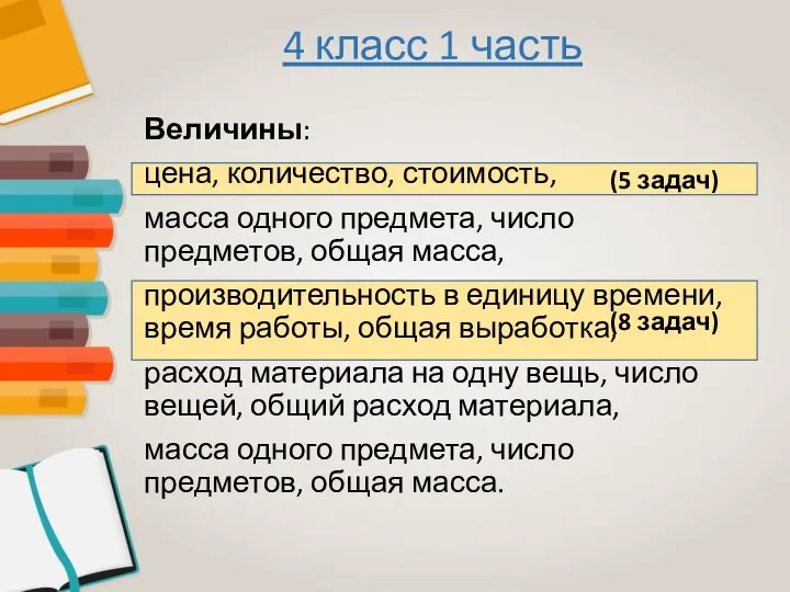 (8 задач) (5 задач) Величины: цена, количество, стоимость, масса одного предмета,