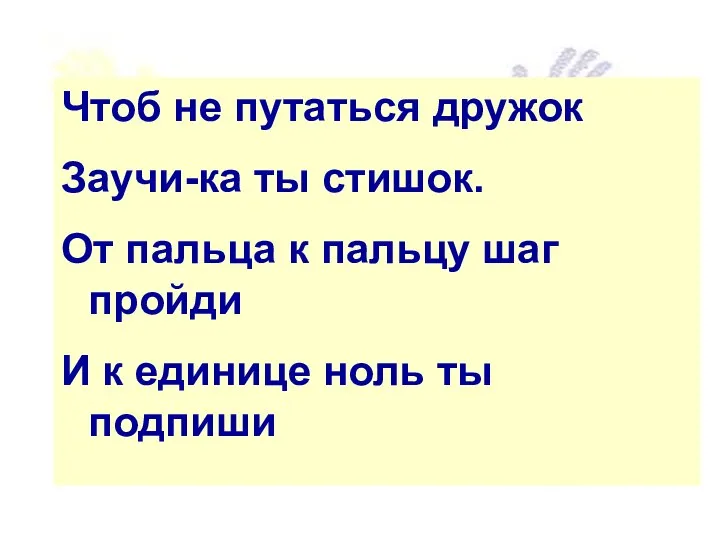 Чтоб не путаться дружок Заучи-ка ты стишок. От пальца к пальцу