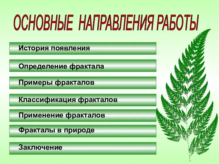 ОСНОВНЫЕ НАПРАВЛЕНИЯ РАБОТЫ История появления Определение фрактала Примеры фракталов Классификация фракталов