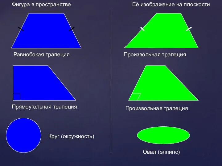 Фигура в пространстве Её изображение на плоскости Равнобокая трапеция Произвольная трапеция