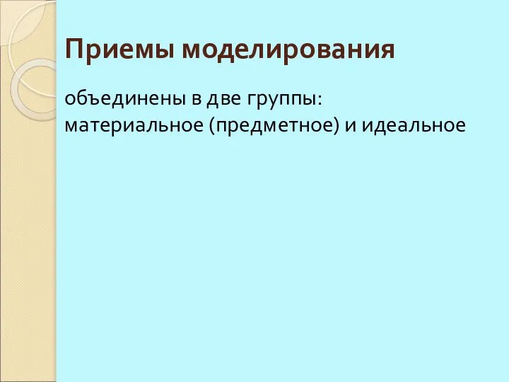 Приемы моделирования объединены в две группы: материальное (предметное) и идеальное