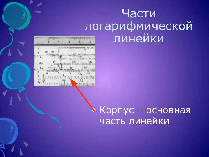 Части логарифмической линейки Корпус – основная часть линейки