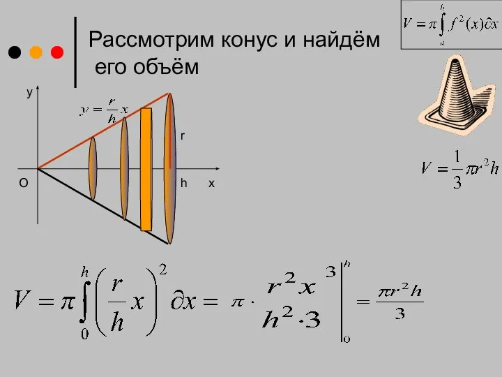 x Рассмотрим конус и найдём его объём y h O r