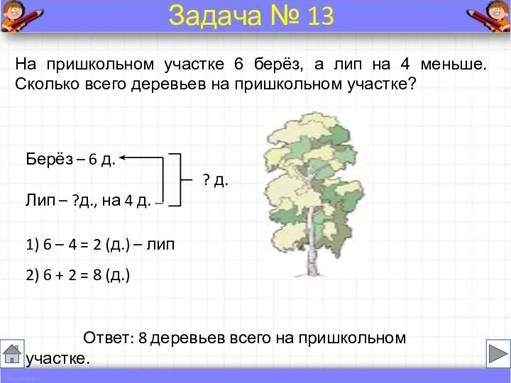 На пришкольном участке 6 берёз, а лип на 4 меньше. Сколько