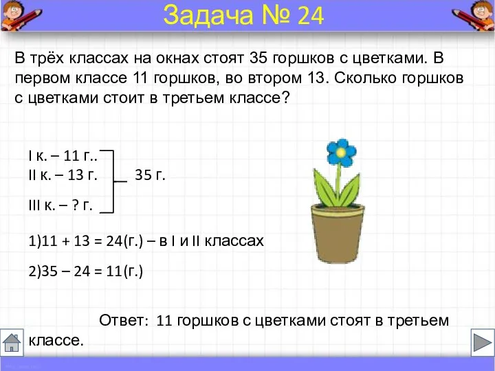 В трёх классах на окнах стоят 35 горшков с цветками. В