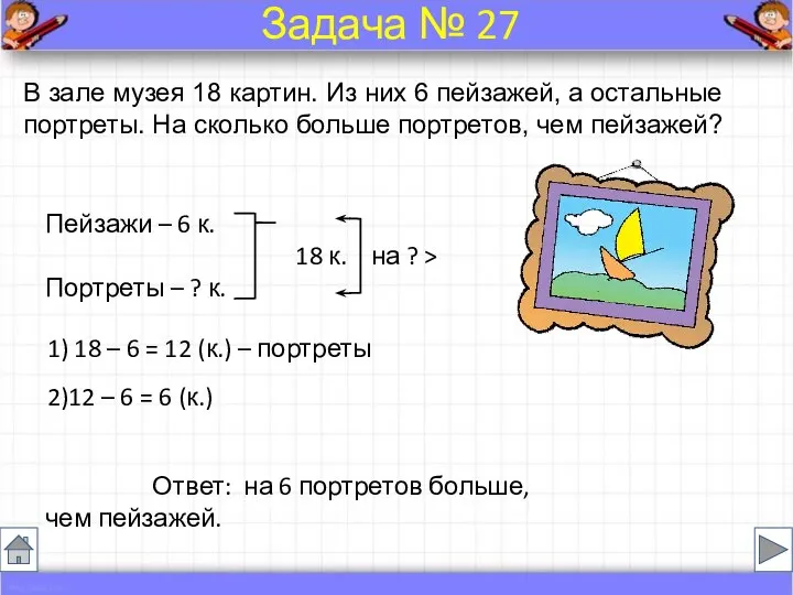 В зале музея 18 картин. Из них 6 пейзажей, а остальные