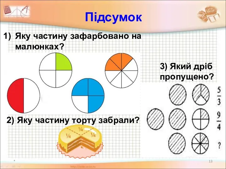 * Підсумок Яку частину зафарбовано на малюнках? 2) Яку частину торту забрали? 3) Який дріб пропущено?