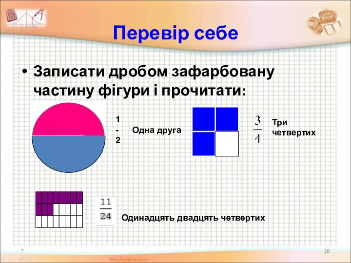 Перевір себе Записати дробом зафарбовану частину фігури і прочитати: * 1