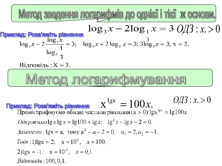 Метод зведення логарифмів до однієї і тієї ж основи. Приклад: Розв'яжіть