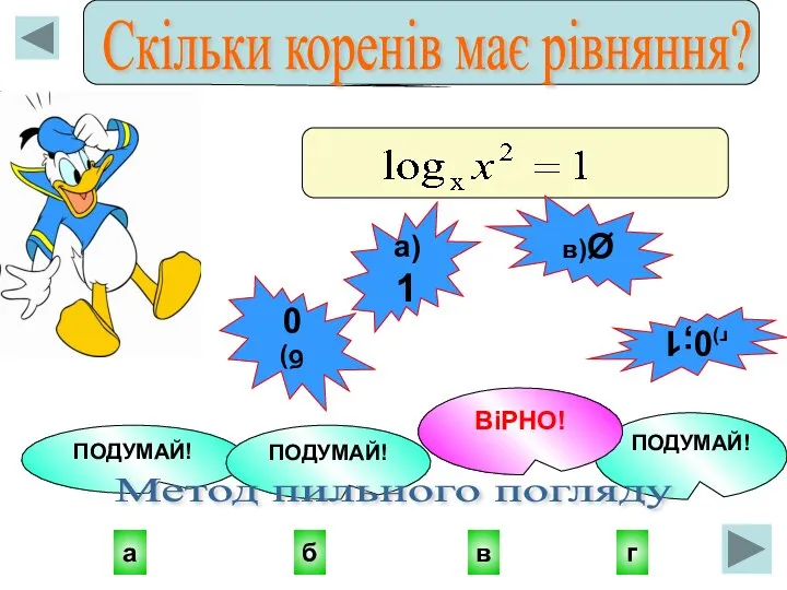 в а г б ПОДУМАЙ! ПОДУМАЙ! ПОДУМАЙ! ВіРНО! а)1 б) 0