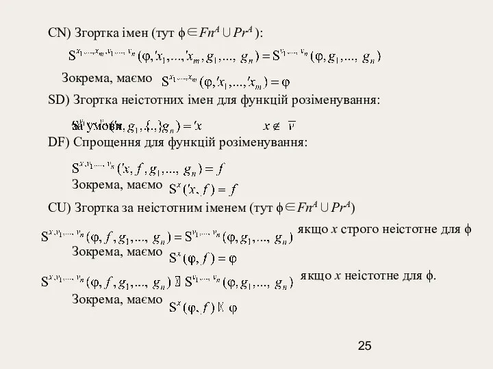 CN) Згортка імен (тут ϕ∈FnA∪PrA ): Зокрема, маємо SD) Згорткa неістотних