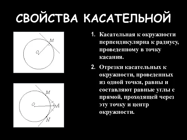 СВОЙСТВА КАСАТЕЛЬНОЙ Касательная к окружности перпендикулярна к радиусу, проведенному в точку