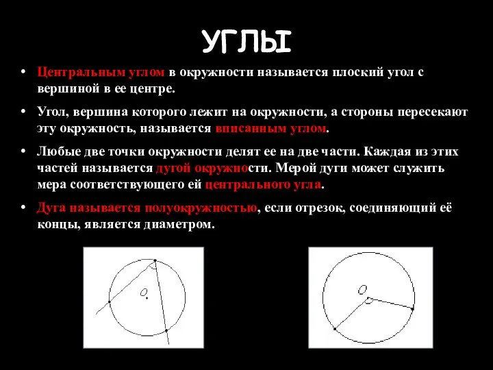 УГЛЫ Центральным углом в окружности называется плоский угол с вершиной в