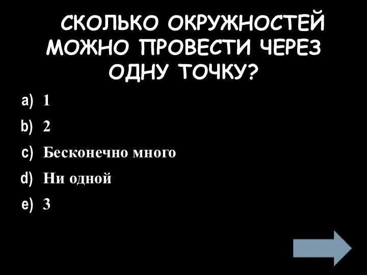 СКОЛЬКО ОКРУЖНОСТЕЙ МОЖНО ПРОВЕСТИ ЧЕРЕЗ ОДНУ ТОЧКУ? 1 2 Бесконечно много Ни одной 3