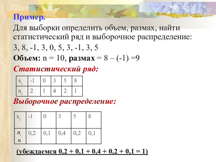 Пример. Для выборки определить объем, размах, найти статистический ряд и выборочное