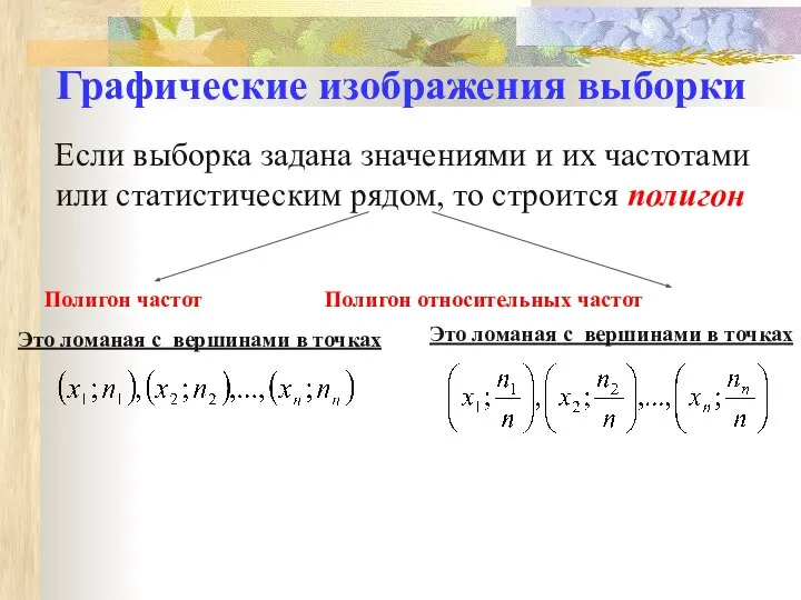 Графические изображения выборки Если выборка задана значениями и их частотами или