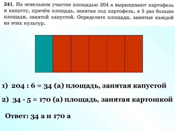 1) 204 : 6 = 34 (а) площадь, занятая капустой 2)