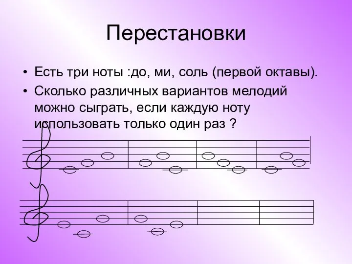 Перестановки Есть три ноты :до, ми, соль (первой октавы). Сколько различных