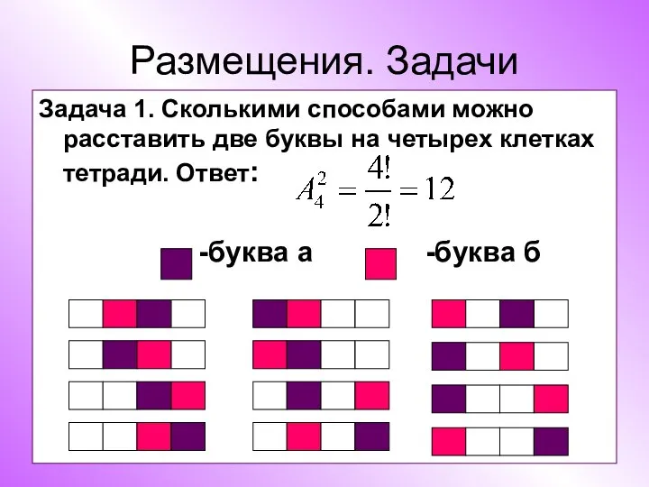 Размещения. Задачи Задача 1. Сколькими способами можно расставить две буквы на