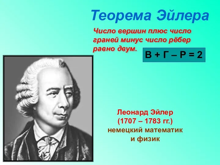 В + Г – Р = 2 Число вершин плюс число