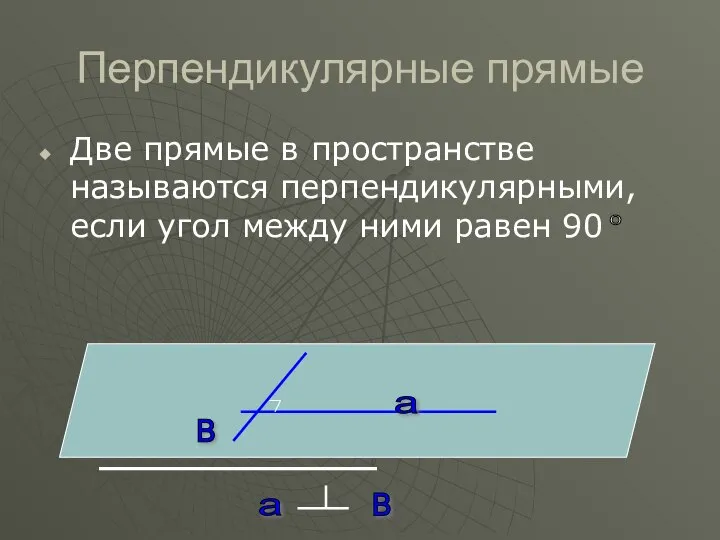 Перпендикулярные прямые Две прямые в пространстве называются перпендикулярными, если угол между