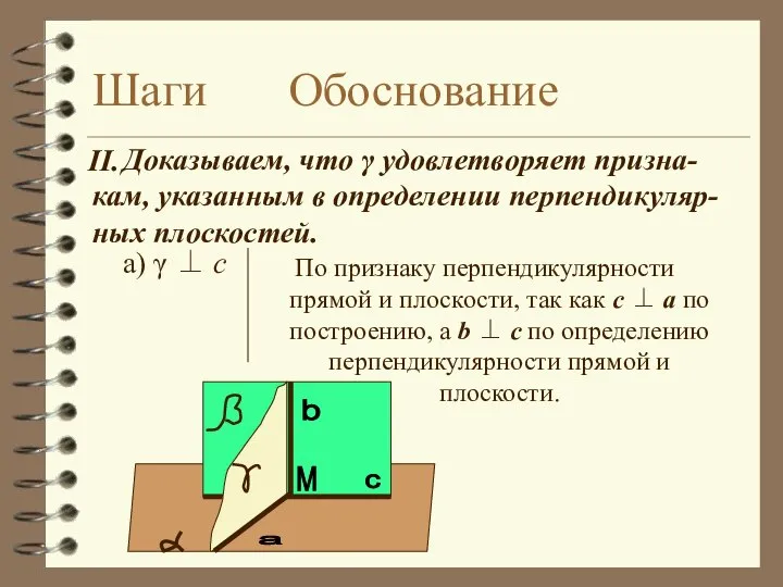 Шаги Обоснование а) γ ⊥ c По признаку перпендикулярности прямой и