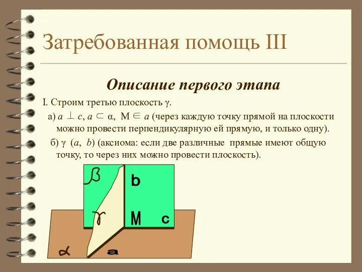 Затребованная помощь III Описание первого этапа I. Строим третью плоскость γ.