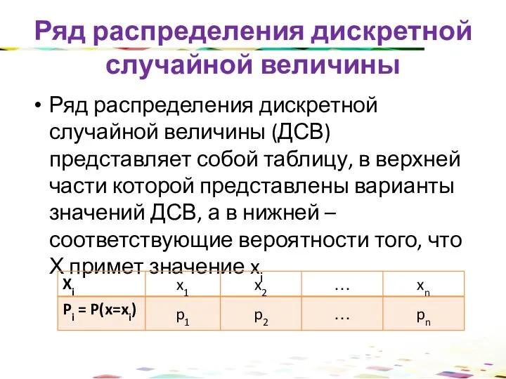 Ряд распределения дискретной случайной величины Ряд распределения дискретной случайной величины (ДСВ)