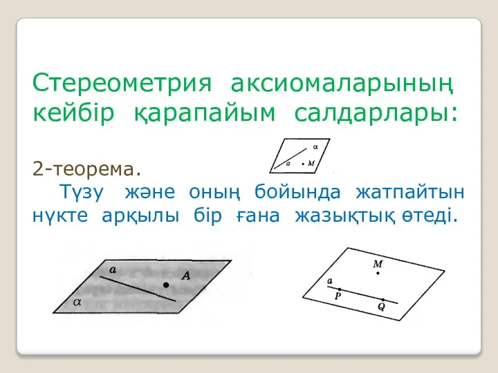 Стереометрия аксиомаларының кейбір қарапайым салдарлары: 2-теорема. Түзу және оның бойында жатпайтын