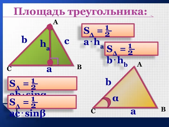Площадь треугольника: C В A a b c hа C В A a b α