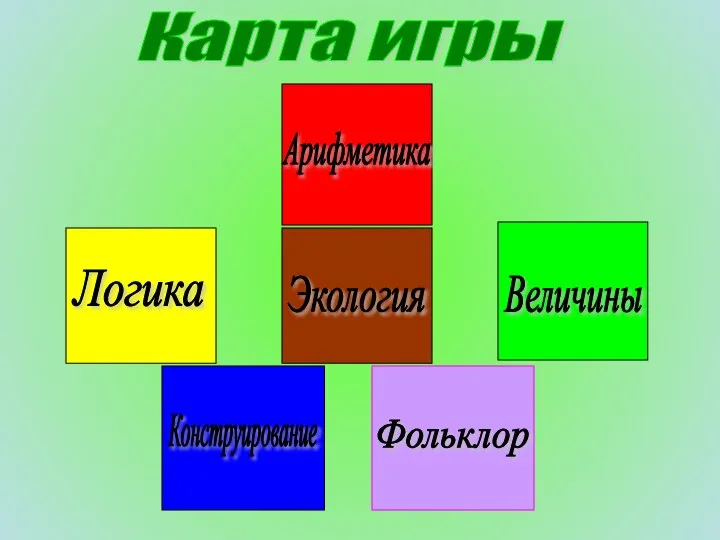 Логика Конструирование Экология Арифметика Фольклор Величины Карта игры