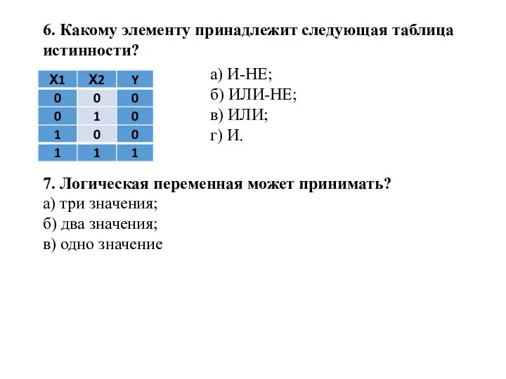 6. Какому элементу принадлежит следующая таблица истинности? а) И-НЕ; б) ИЛИ-НЕ;