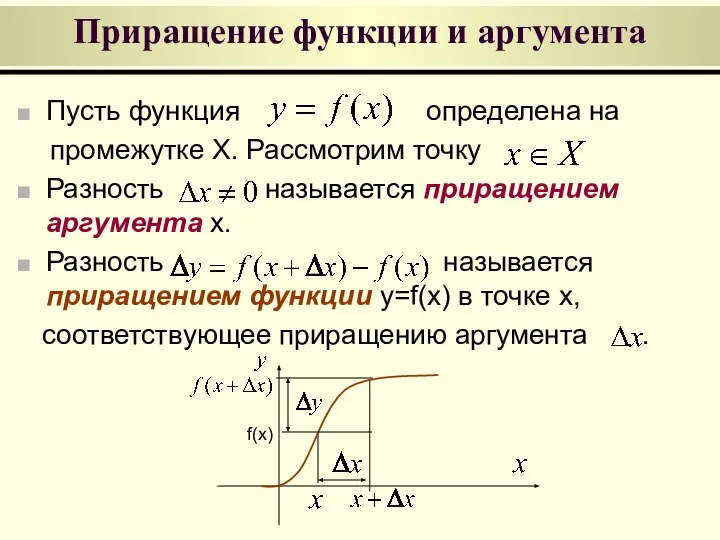 Приращение функции и аргумента Пусть функция определена на промежутке X. Рассмотрим