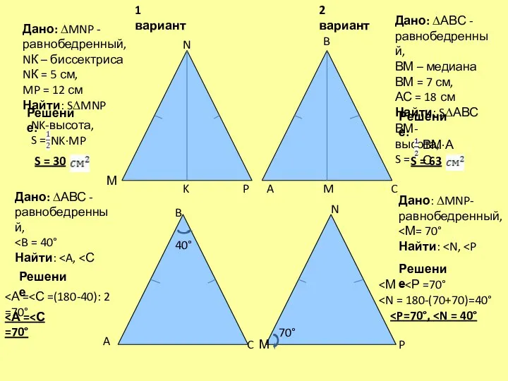 40° 70° A B C Дано: ∆MNP - равнобедренный, NК –