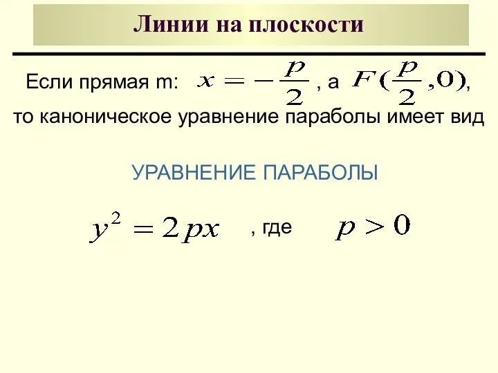 Линии на плоскости УРАВНЕНИЕ ПАРАБОЛЫ Если прямая m: , а ,