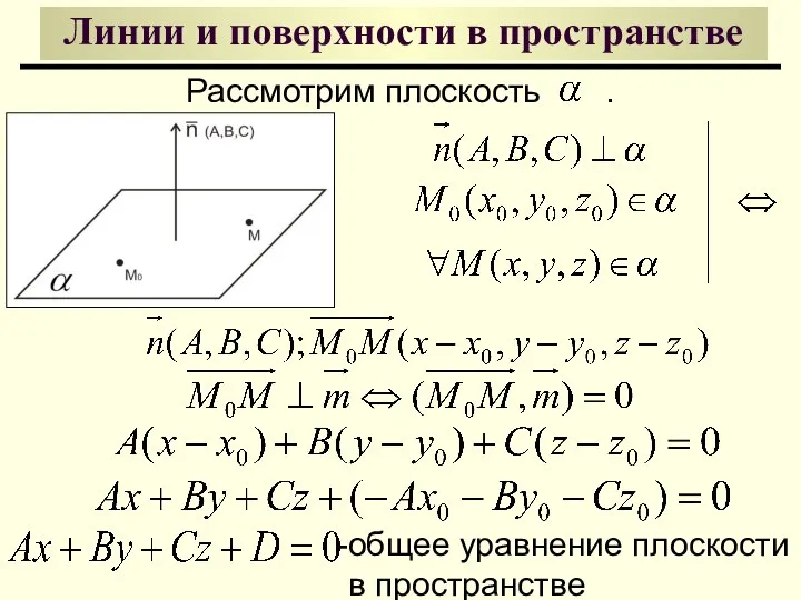 Линии и поверхности в пространстве Рассмотрим плоскость . общее уравнение плоскости в пространстве