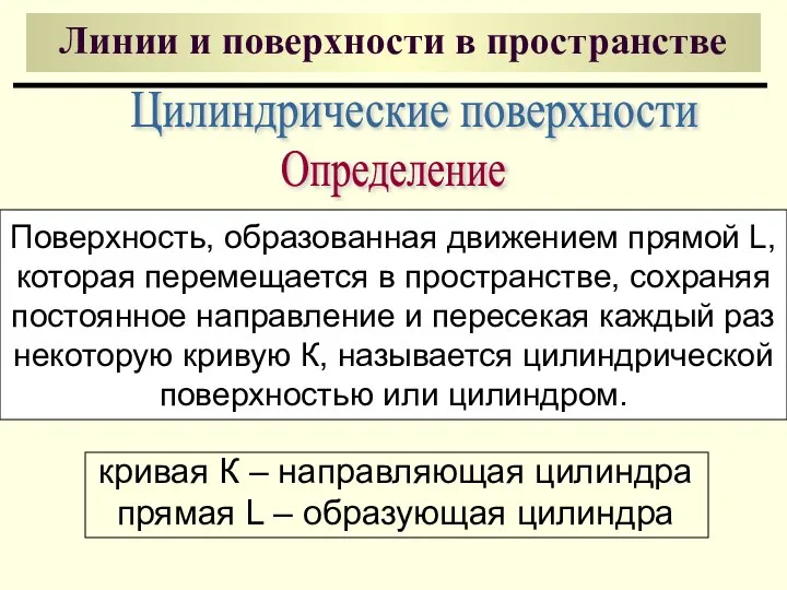 Линии и поверхности в пространстве Поверхность, образованная движением прямой L, которая