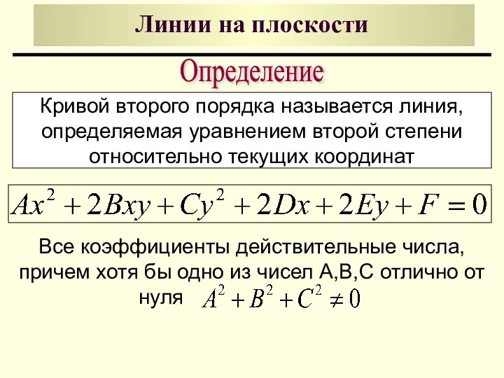 Линии на плоскости Кривой второго порядка называется линия, определяемая уравнением второй