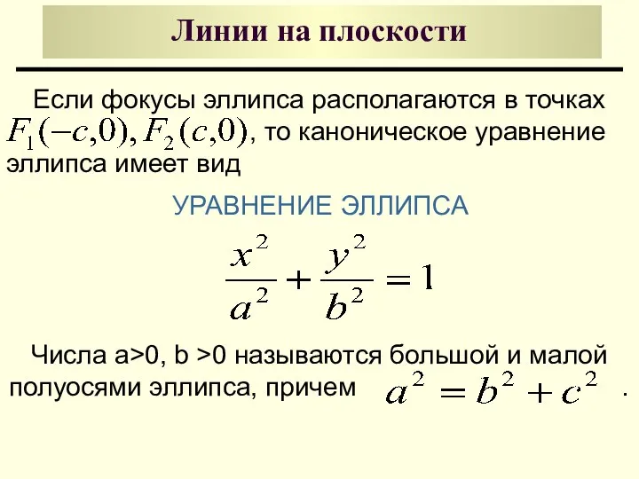 Линии на плоскости УРАВНЕНИЕ ЭЛЛИПСА Если фокусы эллипса располагаются в точках