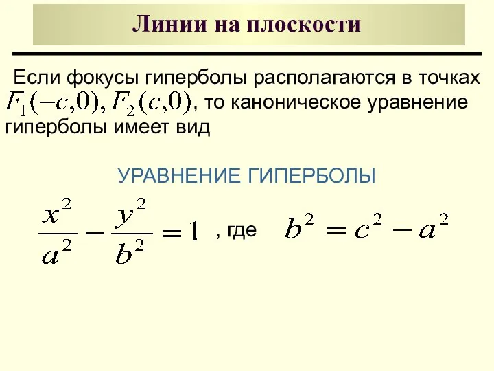 Линии на плоскости УРАВНЕНИЕ ГИПЕРБОЛЫ Если фокусы гиперболы располагаются в точках