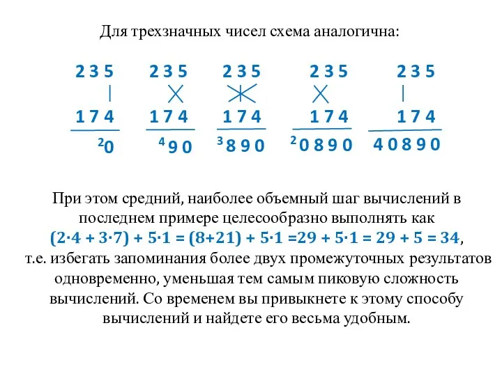 Для трехзначных чисел схема аналогична: При этом средний, наиболее объемный шаг