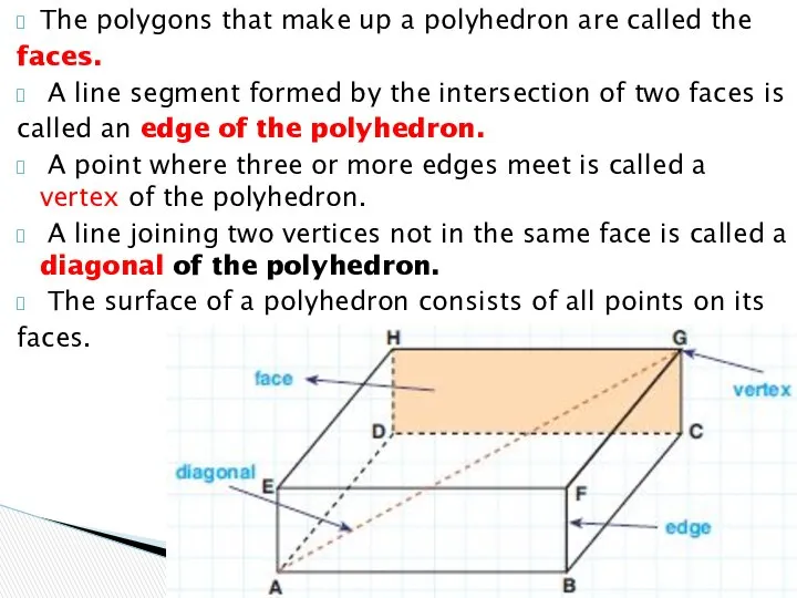 The polygons that make up a polyhedron are called the faces.