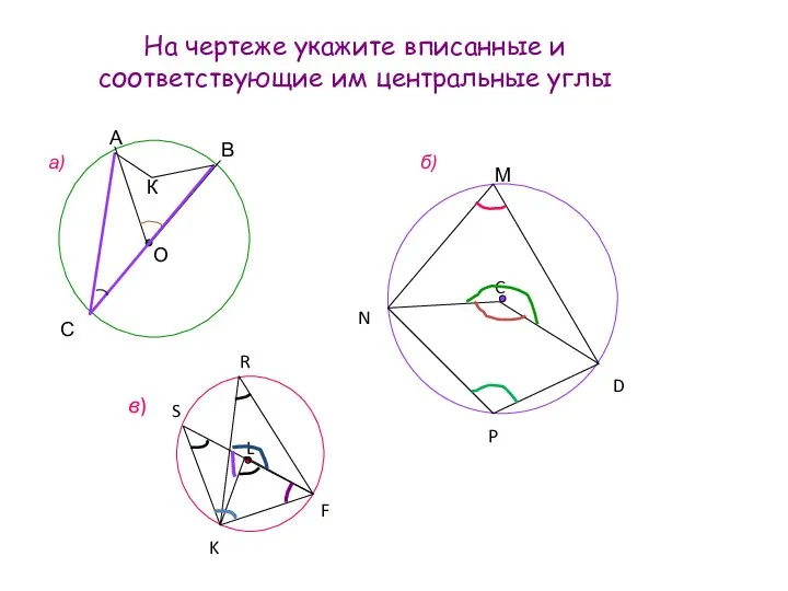 На чертеже укажите вписанные и соответствующие им центральные углы А В