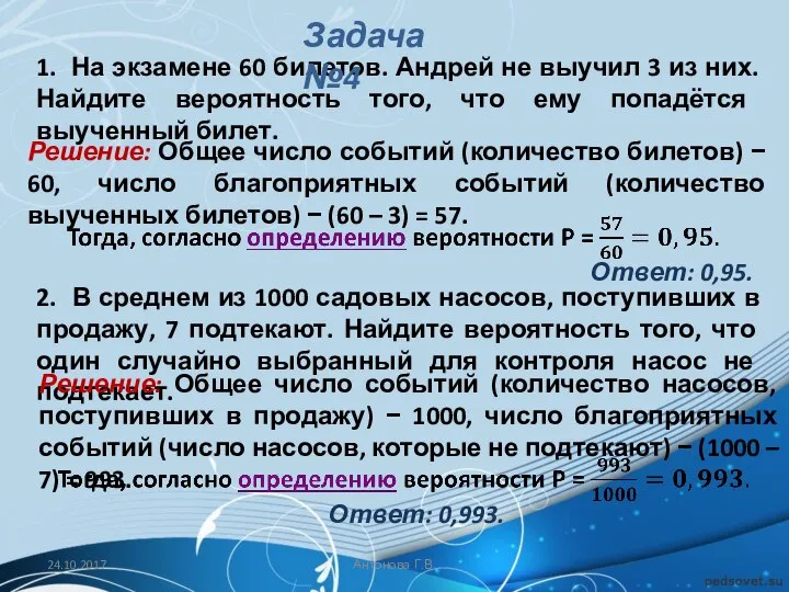 24.10.2017 Антонова Г.В. 1. На экзамене 60 билетов. Андрей не выучил